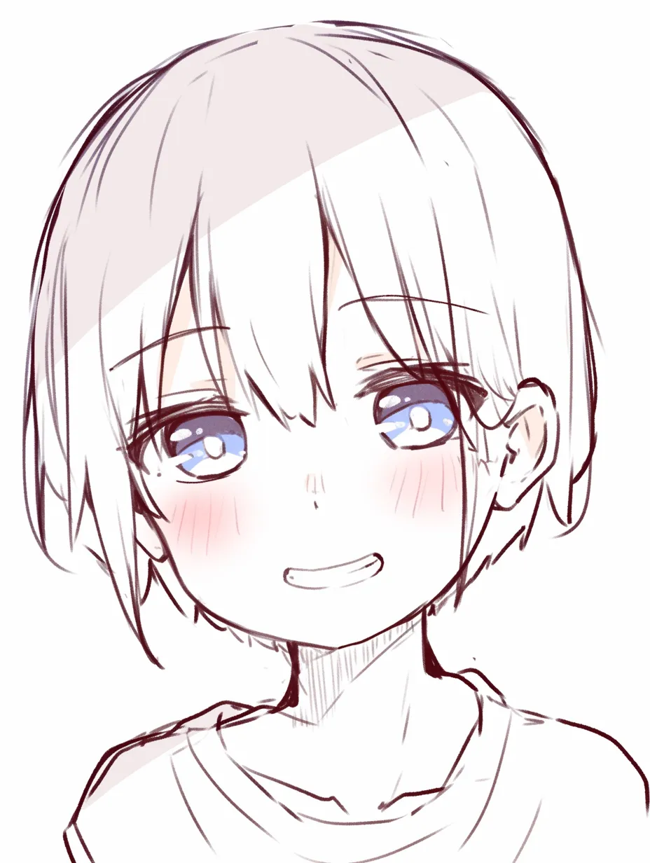 笑顔　こどもの素直さ｜【基本構造】大きな瞳と小さな口を描き方の中心にし、丸みのある頬で幼さを強調しています。<br>【演出の方向性】頬の赤みと開いた歯の見える笑みが、無邪気さと率直な喜びを表現しています。<br>