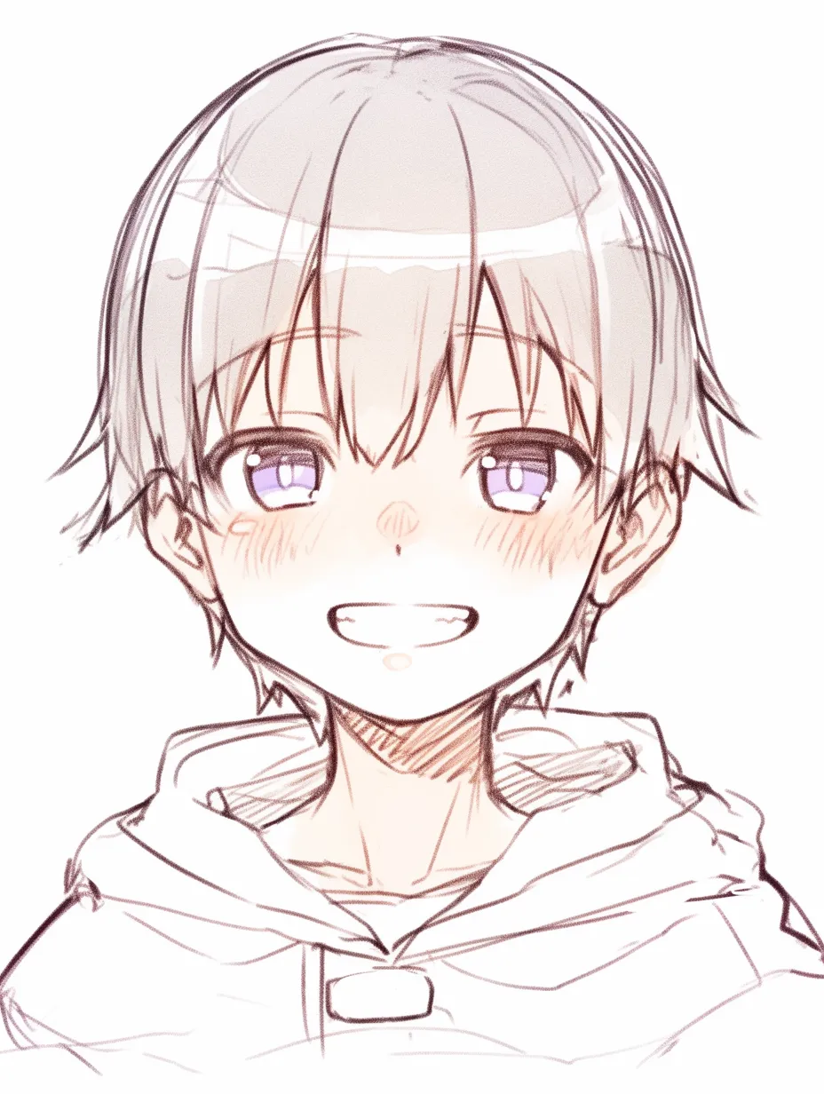 笑顔　こどもの純真さ｜【基本構造】髪をふんわりと描き、目を大きく配置することで純粋さを強調しています。<br>【演出の方向性】大きく開いた口と均整の取れた線で、明るく真っ直ぐな笑顔を伝えています。<br>