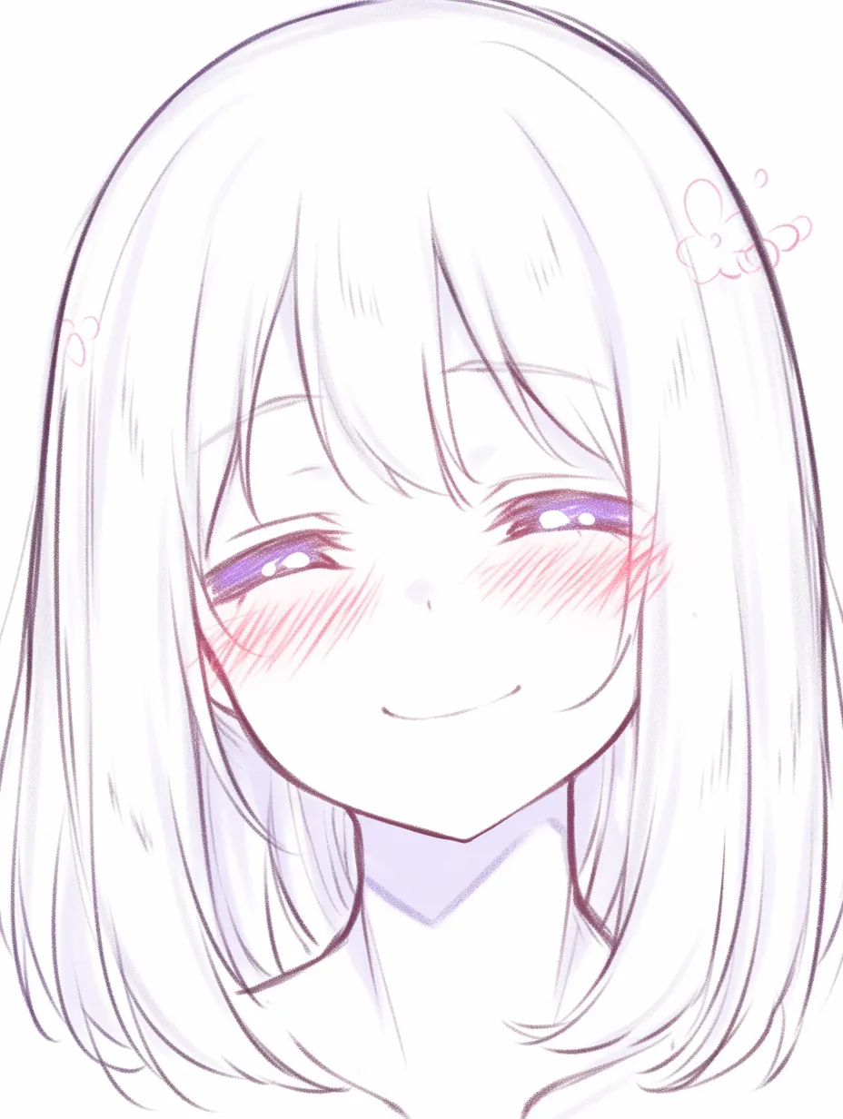 満面の笑みの少女の頬染め｜【基本構造】正面からシンプルに整えた顔に、瞼を柔らかく閉じ、口角を丸く上げる描き方です。<br>【演出の方向性】頬の鮮やかな赤みを強調することで、純粋な喜びや恥じらいを同時に感じさせる可憐な印象になっています。<br>
