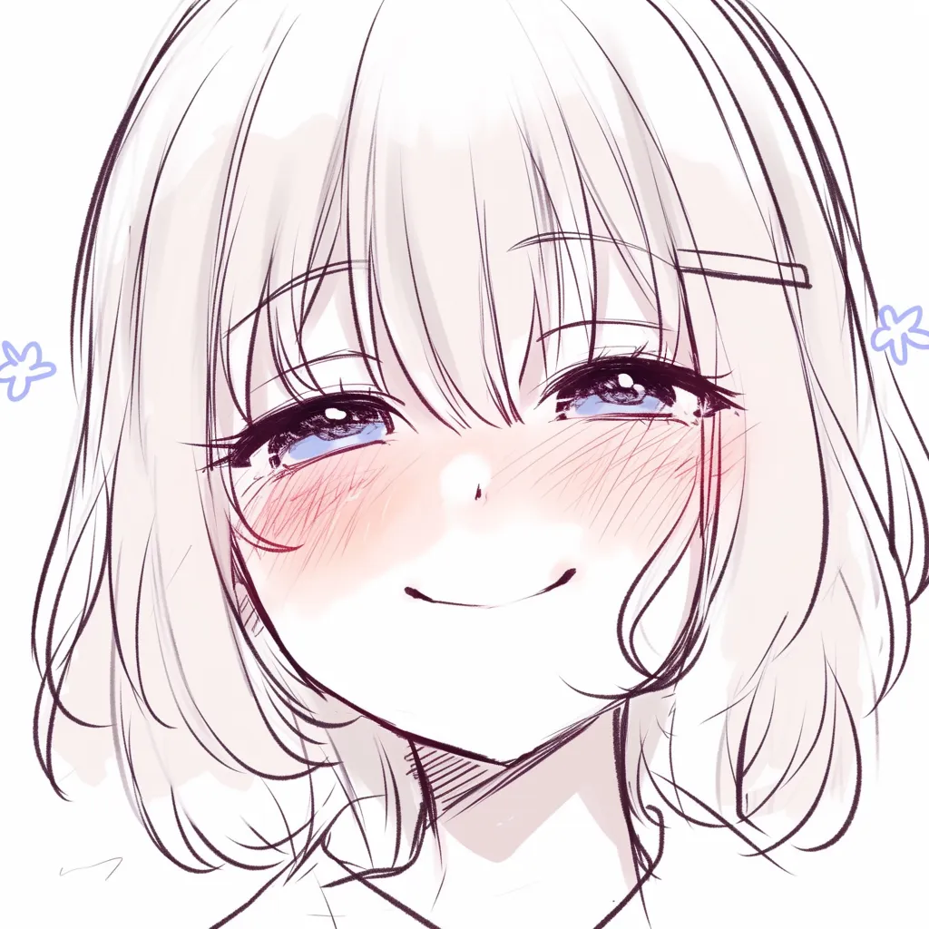 満面の笑みの少女の輝き｜【基本構造】目を細め、口元をやや控えめに開く描き方で、短めの髪型に花型の装飾を添えています。<br>【演出の方向性】頬の赤みと瞳のきらめきで、幸福感と安心感を同時に伝える柔らかな笑顔を演出しています。<br>