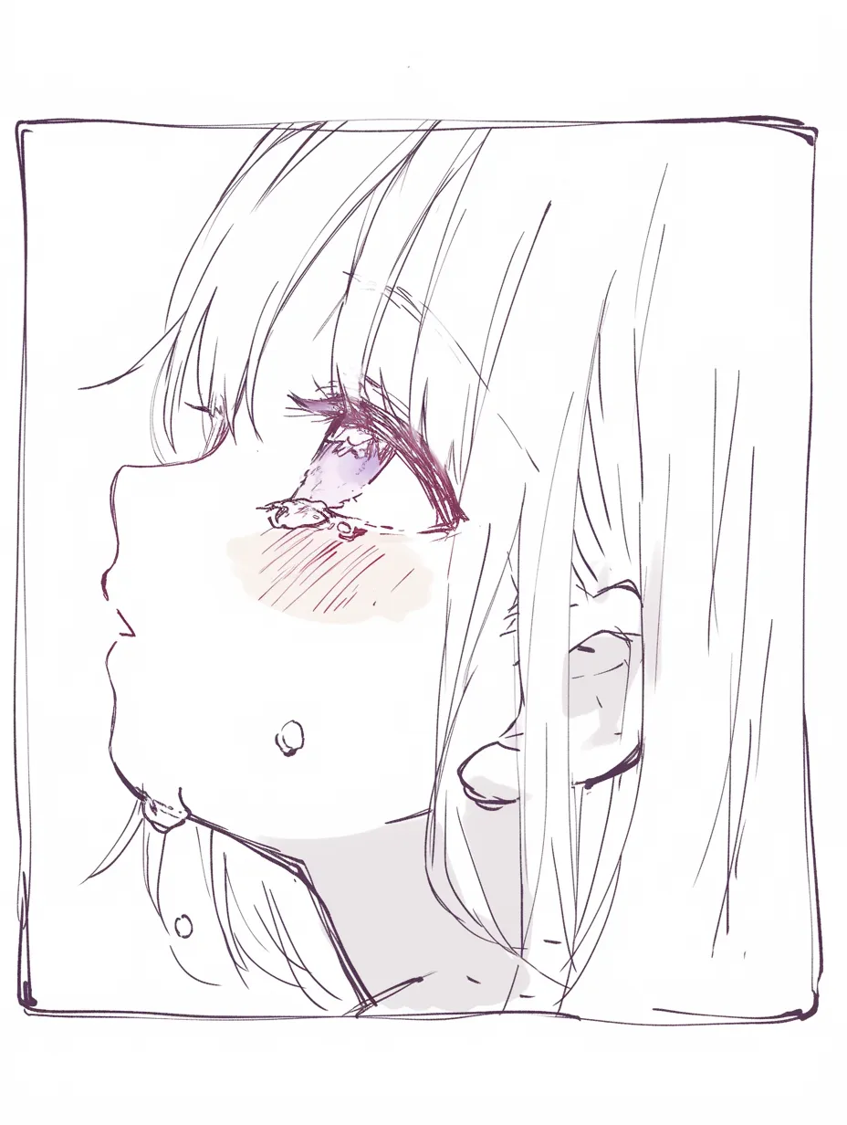 悲しいかわいい見上げ｜【基本構造】上方向に顔を傾け、潤んだ瞳を大きく開く描き方で、顎を少し上げて幼さを際立たせています。<br>【演出の方向性】涙の光沢と頬の赤みが混ざり、切なさと純真さを同時に感じさせる表情になっています。<br>