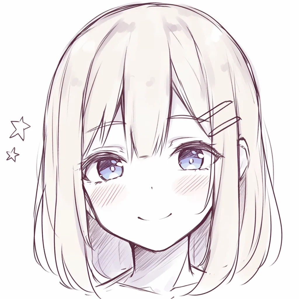 かわいい顔の満面笑み描き方｜【基本構造】目元を大きく丸く開き、口角を大きく上げる描き方で、髪型は整えつつ顔全体の輪郭を明るく見せます。<br>【演出の方向性】口を広げて笑うことで屈託のない無邪気さを演出できます。髪留めや装飾がさらに朗らかな印象を補強します。<br>