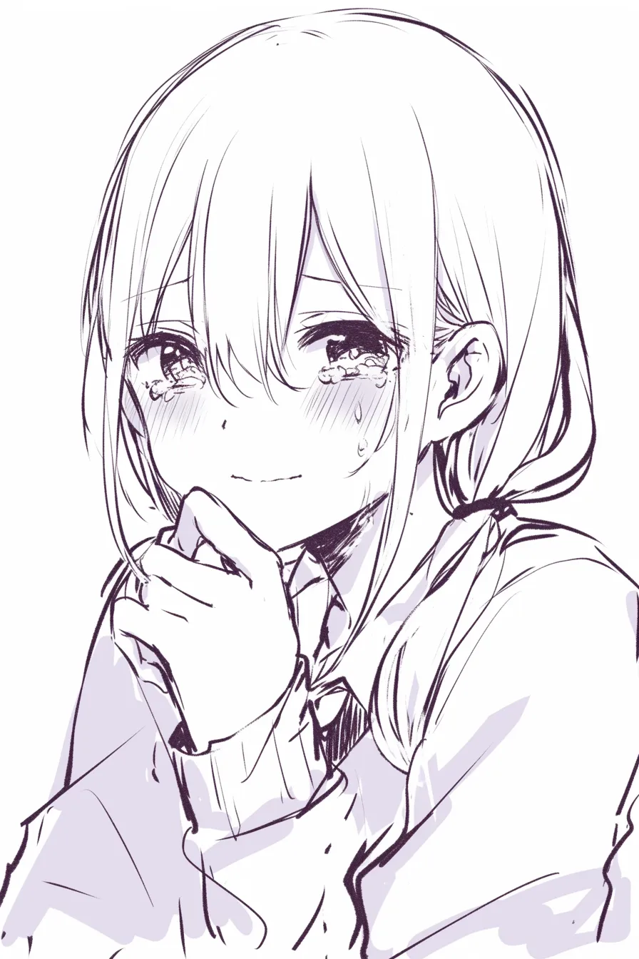 悲しいかわいい涙ぐみ｜【基本構造】正面で手を口元に添え、目を細めながら涙をこぼす描き方です。<br>【演出の方向性】頬の赤みと伏し目がちな瞳が、かすかな希望や未練を滲ませ、可憐な印象を与えています。<br>
