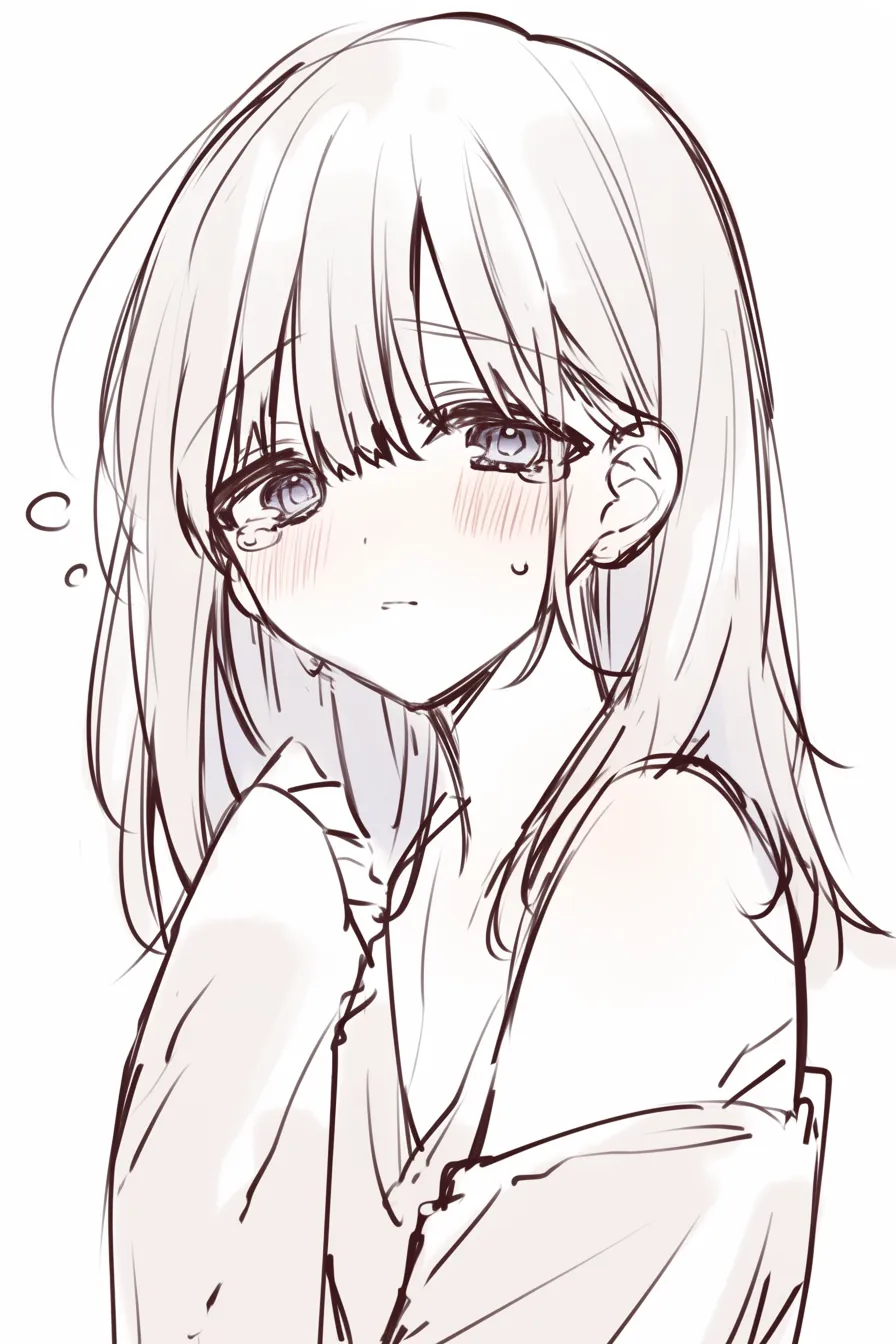 悲しいかわいい視線｜【基本構造】髪に隠れる目元を描き、涙を控えめににじませた描き方で、肩をすくめる姿勢です。<br>【演出の方向性】うつむいた眼差しに赤みを加えることで、頼りなげな可愛さと切なさを同時に伝えています。<br>