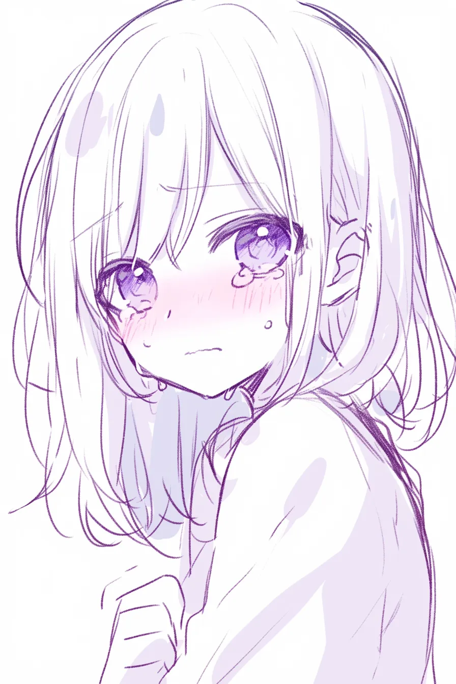 悲しいかわいい涙目｜【基本構造】瞳を大きく開き、涙で潤ませる描き方で、頬に赤みを広げています。<br>【演出の方向性】大きな目の潤みと頬の色彩が、感情の幼さや無垢な可愛らしさを際立たせています。<br>
