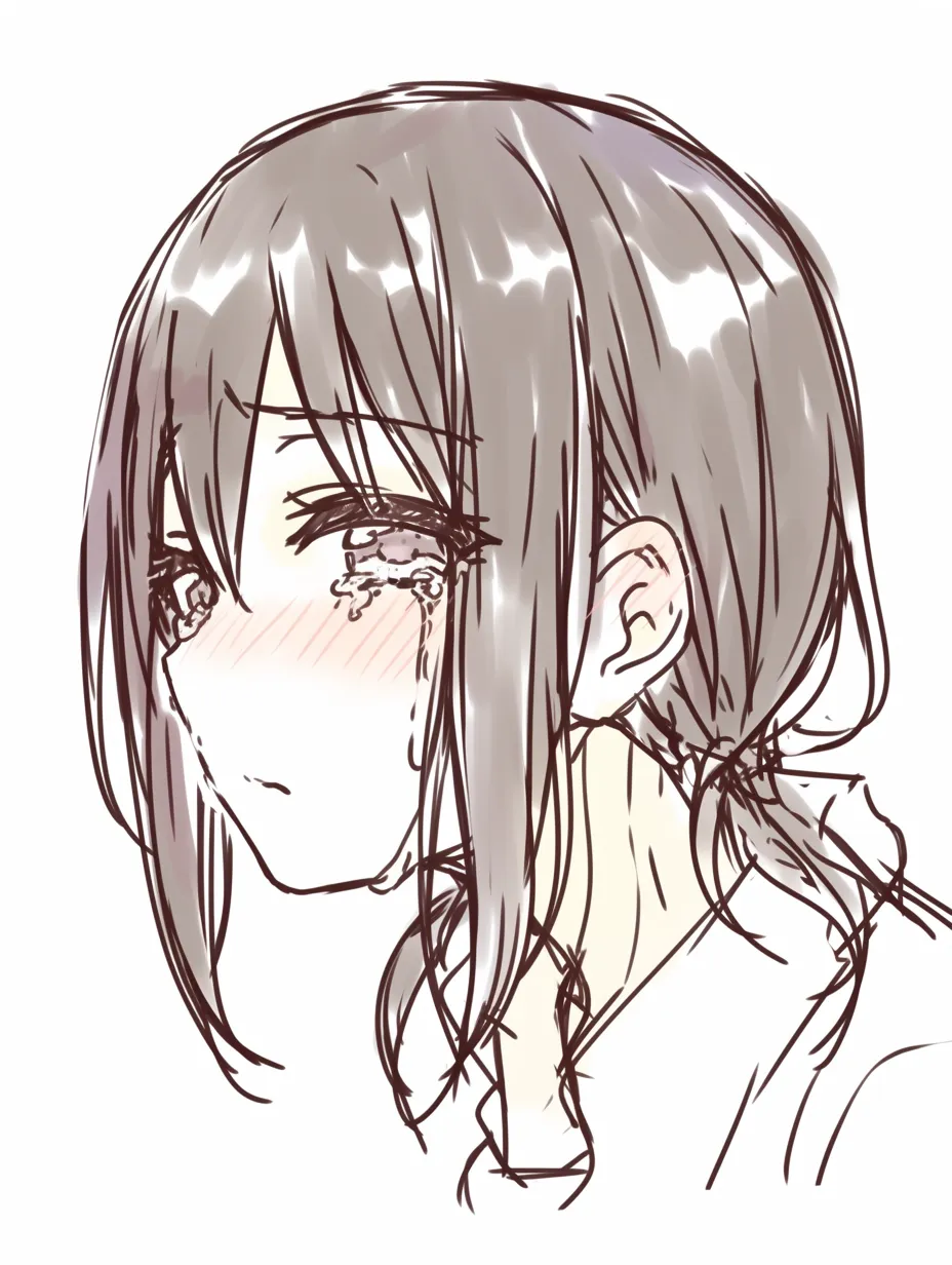 悲しい綺麗な横顔｜【基本構造】横顔の描き方で、長い髪をまとめつつ頬に赤みを差し、涙を大粒で描いています。<br>【演出の方向性】涙の軌跡を強調し、静かな横顔に余韻を与えることで、儚さと大人びた綺麗さが際立っています。<br>