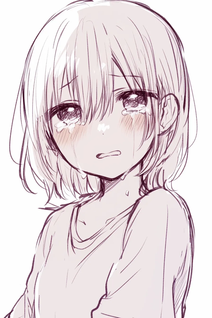 悲しい綺麗な俯き｜【基本構造】肩をすくめ気味に俯かせる描き方で、涙が頬を伝う様子を正面寄りに収めています。<br>【演出の方向性】強調された赤みと揺れる涙が、心情の深さを静かに伝え、儚くも美しい印象を生み出しています。<br>