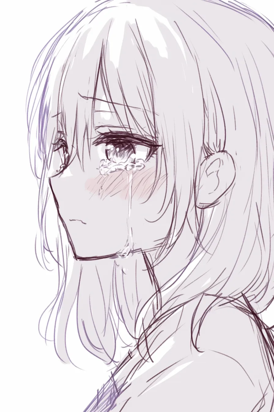 悲しい綺麗な横顔｜【基本構造】横顔を中心に髪が頬へ流れる描き方で、涙が頬を伝い落ちています。<br>【演出の方向性】線の細さと大粒の涙を強調することで、静かな切なさと透明感ある美しさが漂います。<br>