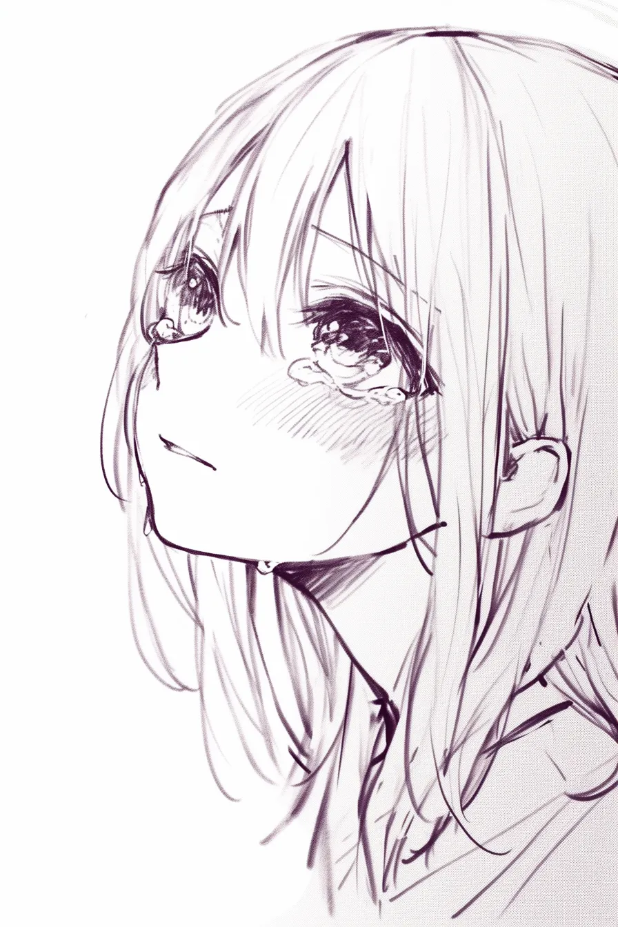悲しい綺麗な見上げ｜【基本構造】上方向に視線を上げ、瞳を大きく潤ませる描き方で、首筋が強調されています。<br>【演出の方向性】涙で輝く瞳と柔らかな赤みが、儚さと希望を同時に感じさせる綺麗さを演出しています。<br>