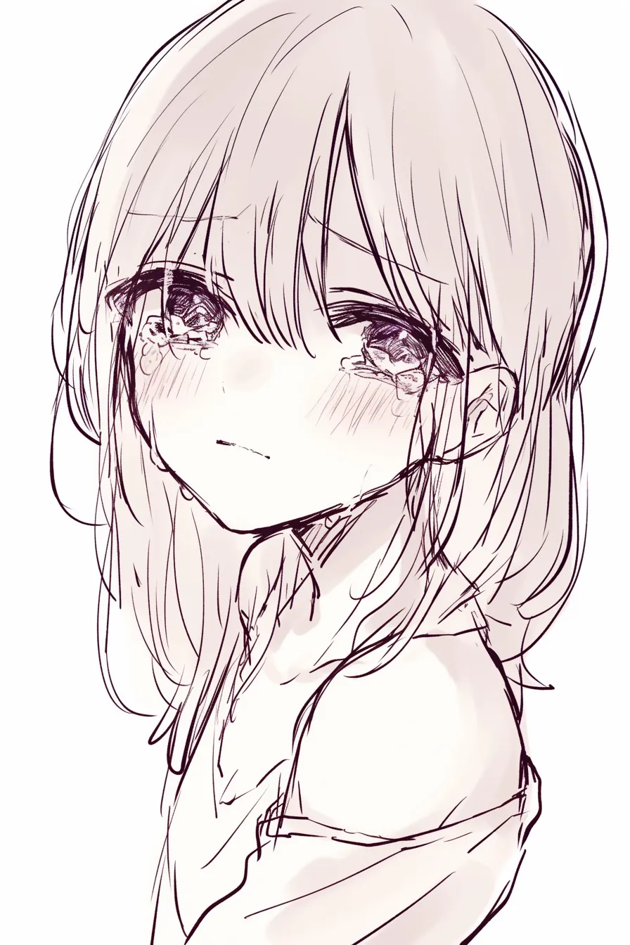 悲しい綺麗な視線｜【基本構造】正面に近いアングルで髪に隠れる瞳を描き方にし、涙を強調しています。<br>【演出の方向性】暗めの線と涙の輝きが対比し、綺麗さと悲しみを一体化させた表現になっています。<br>