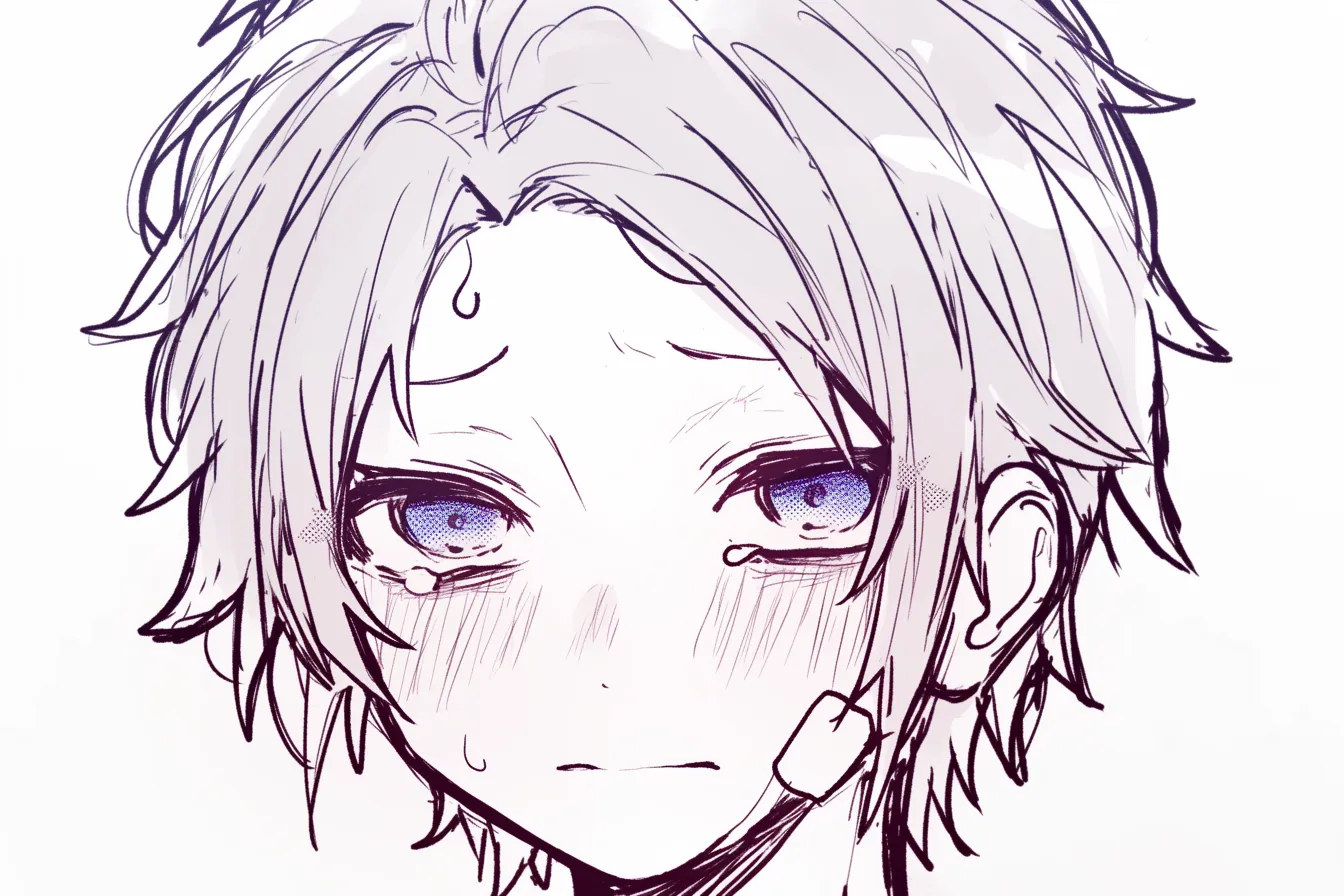 かわいい泣き顔の少年｜【基本構造】少年の顔を正面で描き方にし、乱れた髪と潤んだ瞳を組み合わせています。<br>【演出の方向性】涙と赤らむ頬で幼さを強調し、守ってあげたくなるような可愛さを演出しています。<br>