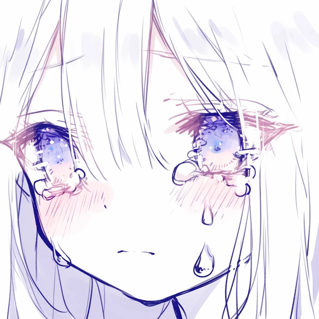 かわいい泣き顔のアップ｜【基本構造】瞳を大きく強調した描き方で、涙が頬を伝う瞬間を大写しにしています。<br>【演出の方向性】目の輝きと涙の粒が愛らしく、儚さと無防備さを感じさせる表現です。<br>