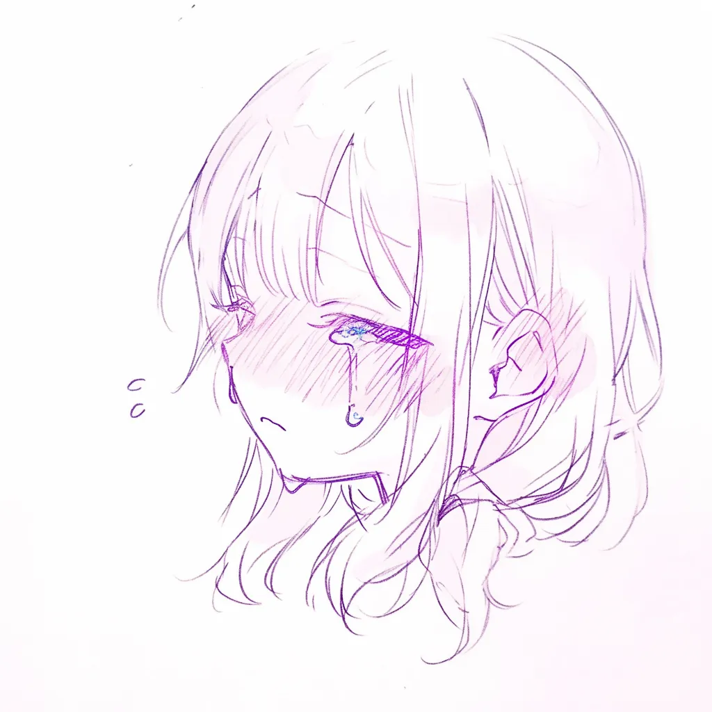 かわいい泣き顔の横顔｜【基本構造】横顔を描き方で整え、視線を伏せつつ涙を頬に伝わせています。<br>【演出の方向性】落ちる涙と小さな口元が、しおれたような可愛さを感じさせます。<br>