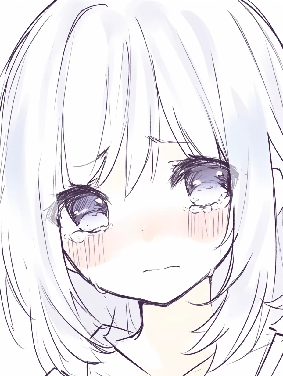 かわいい泣き顔の困惑｜【基本構造】前髪の隙間から涙に濡れた瞳を描く描き方で、口元を結んでいます。<br>【演出の方向性】大きな瞳に涙をため、頬を赤らめることで不安げな可愛さを演出しています。<br>
