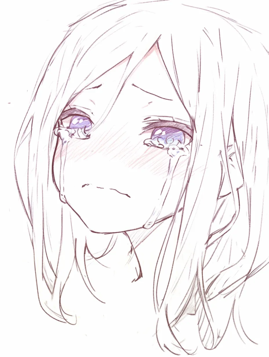 かわいい泣き顔の切なさ｜【基本構造】顔を斜めに傾け、涙を頬へ大きく伝わせる描き方です。<br>【演出の方向性】大きな瞳の輝きと口元の歪みが、可愛さに切なさを添えています。<br>