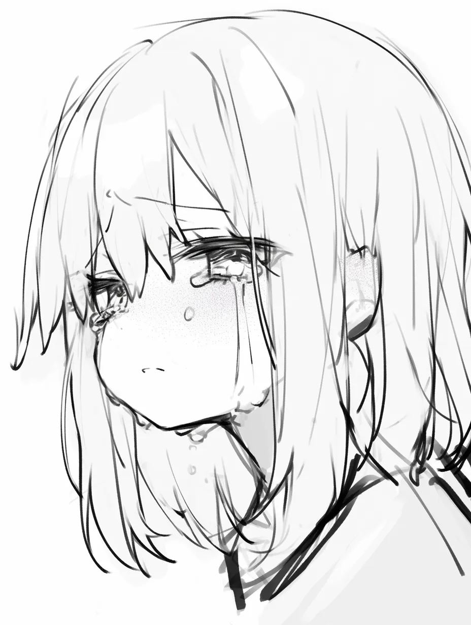 かわいい泣き顔の伏し目｜【基本構造】俯いた顔を横から描き、涙が流れる描き方です。<br>【演出の方向性】下がった瞼と涙の軌跡で静かな泣き方を演出し、控えめな愛らしさを与えています。<br>