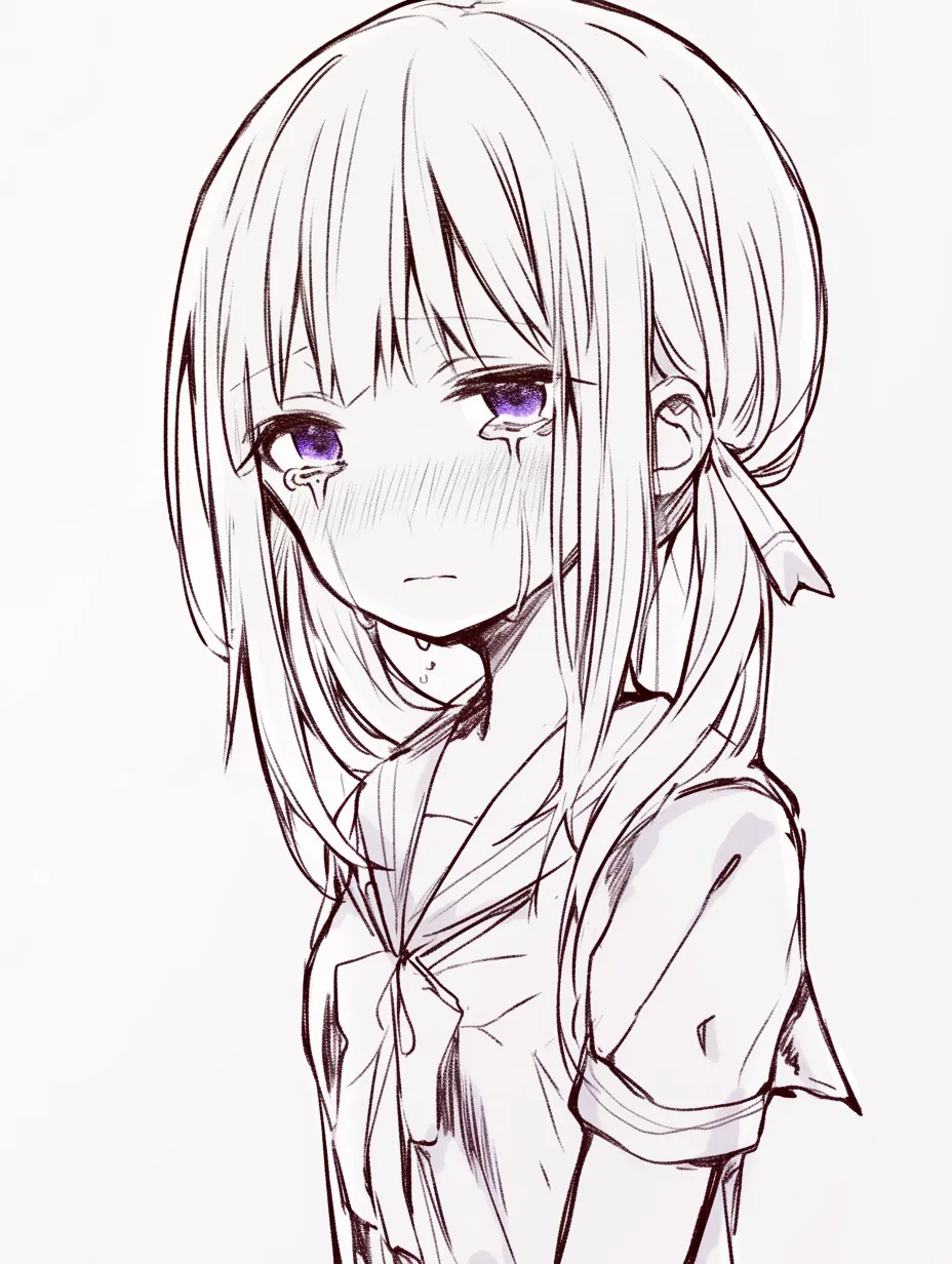 かわいい泣き顔の立ち姿｜【基本構造】胸から上を収めた立ち姿の描き方で、両肩を落とし俯いたポーズ。制服のシワや髪の束感で形を整えています。<br>【演出の方向性】目元の影と涙筋を強め、沈んだ感情を表現。冷静さの中に苦しみを秘めた印象を与えます。<br>