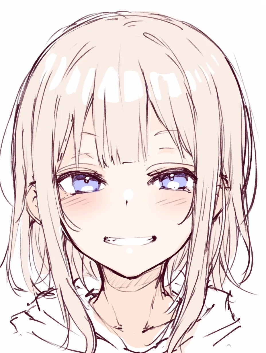 かわいい顔の歯見せ笑い描き方｜【基本構造】口を開き歯を見せる描き方で、頬の筋肉が上がり目元に動きが出ています。顎の形は自然な丸みを残しています。<br>【演出の方向性】口元に力を入れることで元気で快活な印象を演出します。明るいかわいらしさを前面に押し出せます。<br>