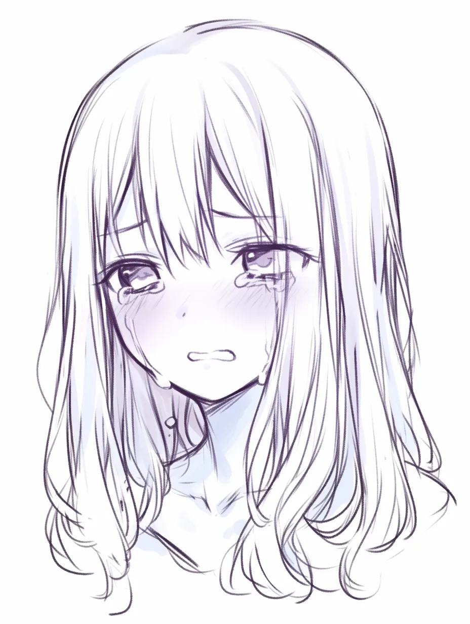 かわいい泣き顔のしっとり感｜【基本構造】髪をふんわり広げた描き方で、正面から上半身をとらえています。瞳は濡れ、頬は紅潮しています。<br>【演出の方向性】涙の流れを丁寧に描き込み、しっとりとした雰囲気にまとめることで、哀愁漂う大人びた印象を与えています。<br>
