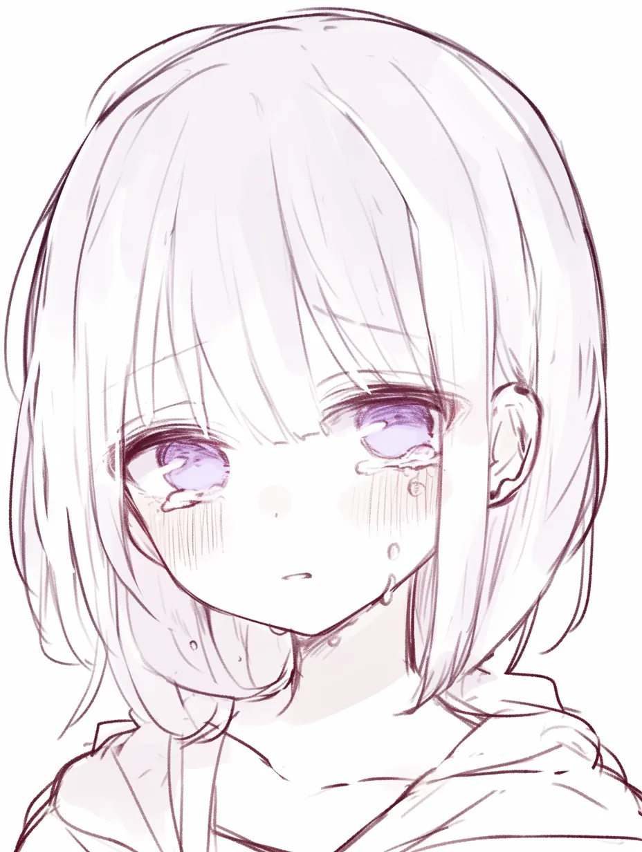 かわいい泣き顔の短髪風｜【基本構造】短めの髪をボブ状に整えた描き方で、涙を大きく描き頬を覆う構図。視線は下に落とされています。<br>【演出の方向性】髪型の簡潔さが顔の涙表現を強調し、無垢な悲しみを強調する演出。無表情と涙の対比が印象的です。<br>