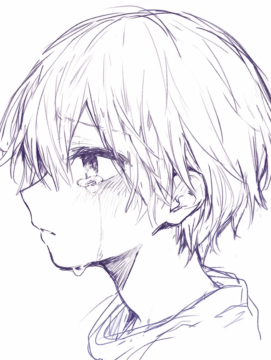 泣き顔　男の伏し目｜【基本構造】視線を落とし、口元を閉じた横顔の描き方。髪は乱れ気味で、首筋も描かれてバランスを取っています。<br>【演出の方向性】抑制された表情で、泣いているのに声を上げない強さを表現。冷静な雰囲気と内なる苦しみの対比が特徴です。<br>