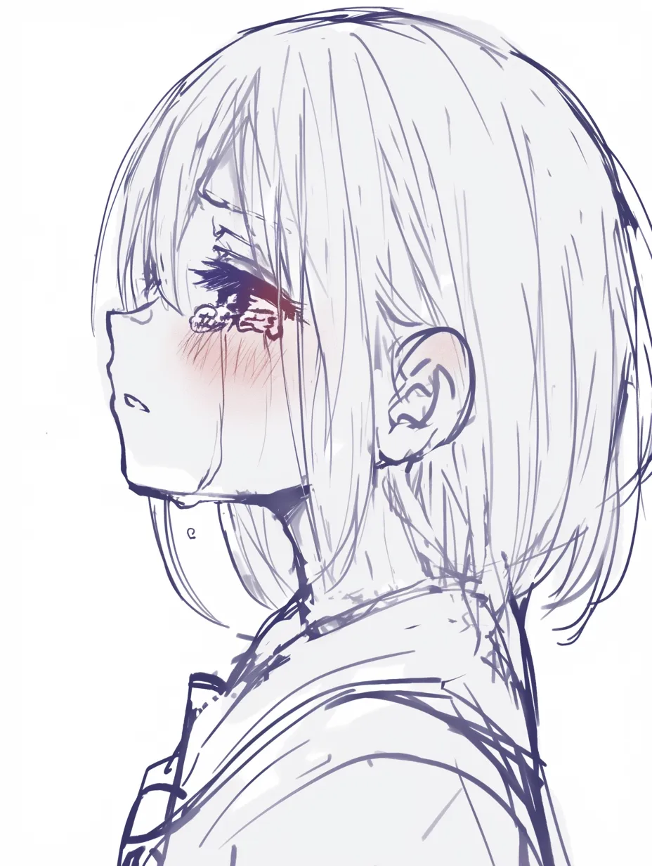 泣き顔　女の子の伏し目横顔｜【基本構造】首を反らしつつ目を伏せる描き方で、涙が頬を強調的に伝っています。髪はストレートに垂れています。<br>【演出の方向性】心の奥底に沈む哀しみを静かに表す。声を出さずに泣く姿が胸に迫るような雰囲気です。<br>