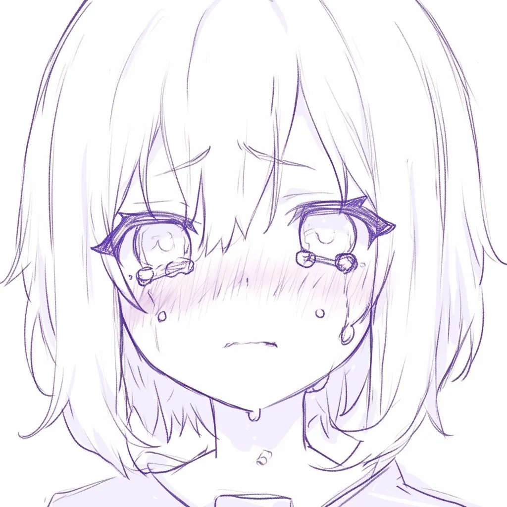泣き顔　女の子の正面アップ｜【基本構造】真正面の描き方で、目を大きく潤ませ、涙が頬に連なっています。口は小さく開かれています。<br>【演出の方向性】正面からの涙は感情をストレートに表現。弱さと純粋さを印象づけ、共感を誘います。<br>
