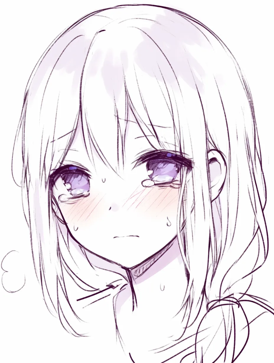 泣き顔　女の子のかすかな涙｜【基本構造】髪を後ろでまとめ、口を閉じた描き方で目元にはわずかな涙。汗も描き込まれています。<br>【演出の方向性】抑制された涙と汗が入り混じり、必死に気丈さを保とうとする印象を与えます。<br>