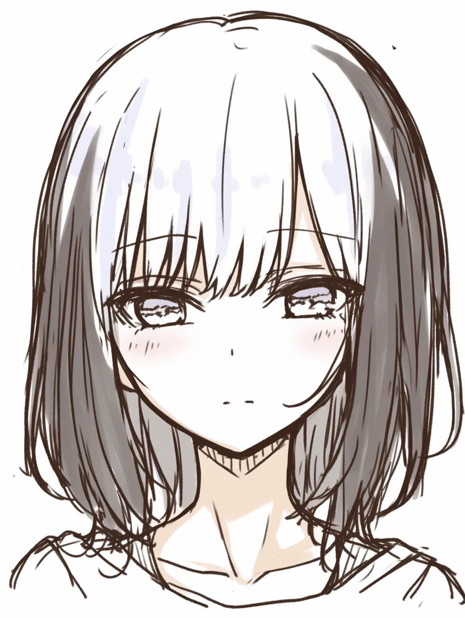 かわいい顔の無表情描き方｜【基本構造】正面を向いた均整の取れた輪郭に、閉じ気味の口と細めの瞳を配置する描き方です。髪型はシンプルなボブで顔の形を引き立てます。<br>【演出の方向性】表情を抑えることで落ち着きと透明感を演出できます。頬にわずかな赤みを加えると冷たさの中に柔らかさが生まれます。<br>