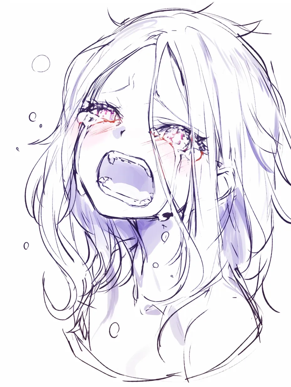 泣き顔　女の子の叫ぶ姿｜【基本構造】首を大きく反らせて口を全開に描き方を取り、涙をまき散らすように表現しています。<br>【演出の方向性】悲痛な叫びを最大限に誇張し、心の底からの絶望をストレートに伝える強烈な演出です。<br>
