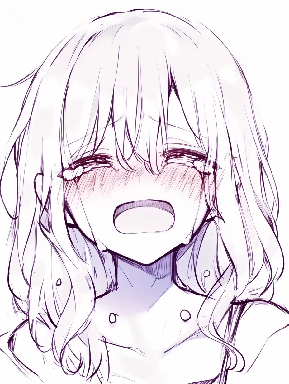 泣き顔　女の子の微笑混じりの涙｜【基本構造】目を細め、口をわずかに笑みに近づけた描き方で涙を流しています。髪は柔らかく揺れています。<br>【演出の方向性】悲しみと安堵が入り混じった複雑な感情を表現。泣き笑いの温かみが印象的です。<br>