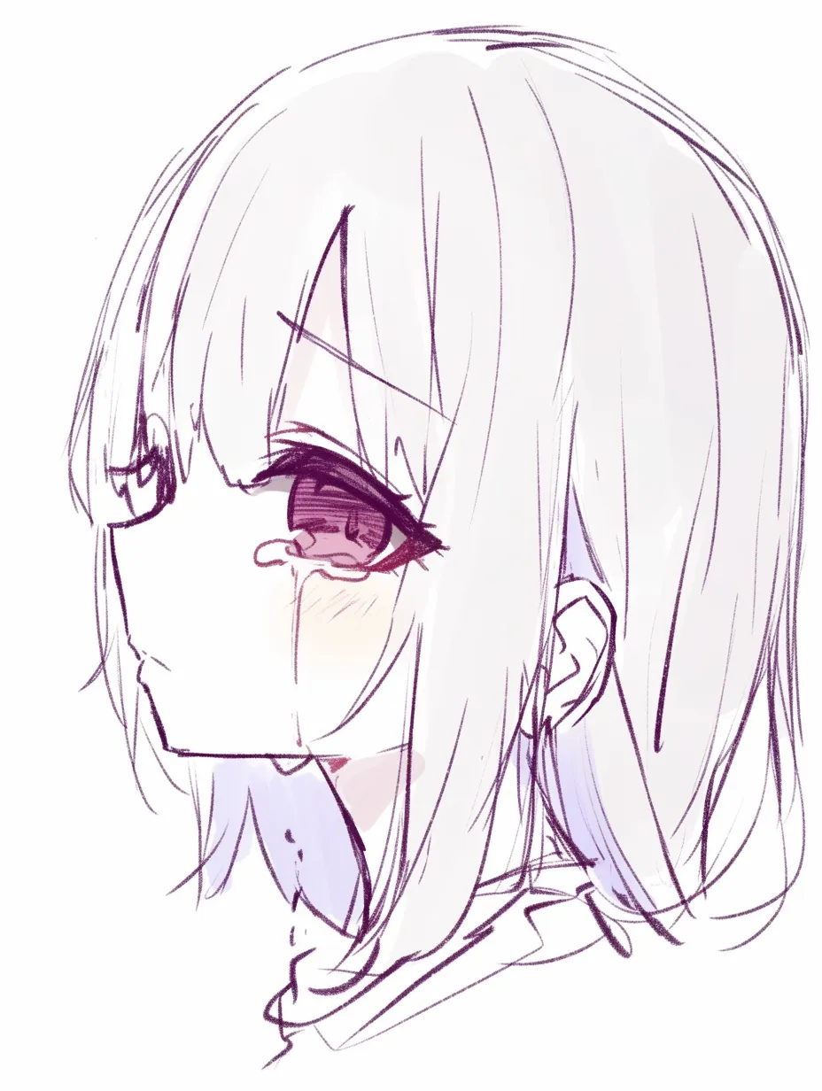 泣き顔　女の子の俯き横顔｜【基本構造】髪で半分隠れた横顔の描き方で、伏し目がちに涙を流しています。口元は動かず硬さが残っています。<br>【演出の方向性】感情を押し殺しつつ涙がこぼれる静かな表現で、諦めや哀愁を漂わせます。<br>