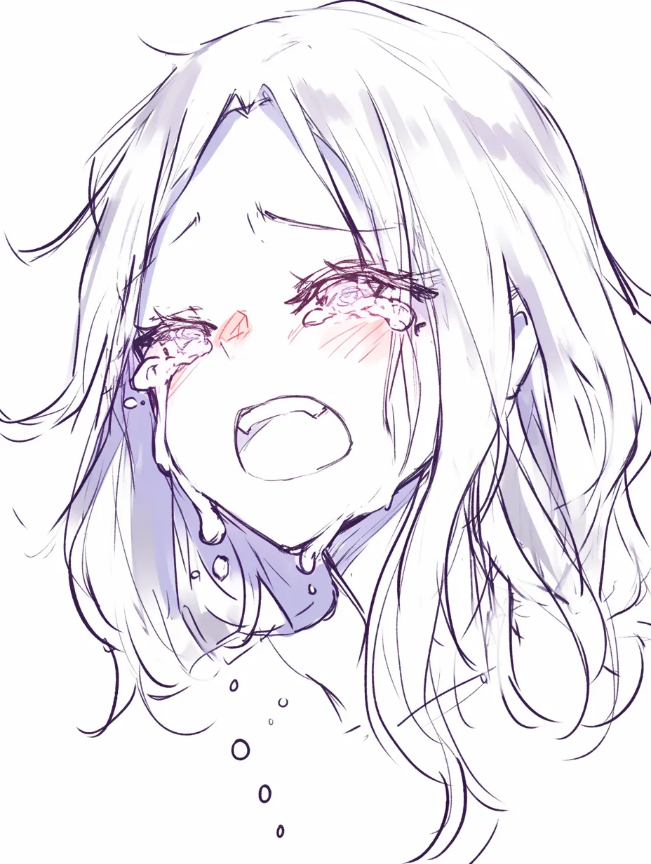 泣き顔　女の子の激しい嗚咽｜【基本構造】髪を乱し、目尻から連続的に涙を流す描き方。口を大きく開き、息を荒くしています。<br>【演出の方向性】嗚咽の激しさを際立たせ、どうしようもない感情の奔流を視覚化した演出です。<br>