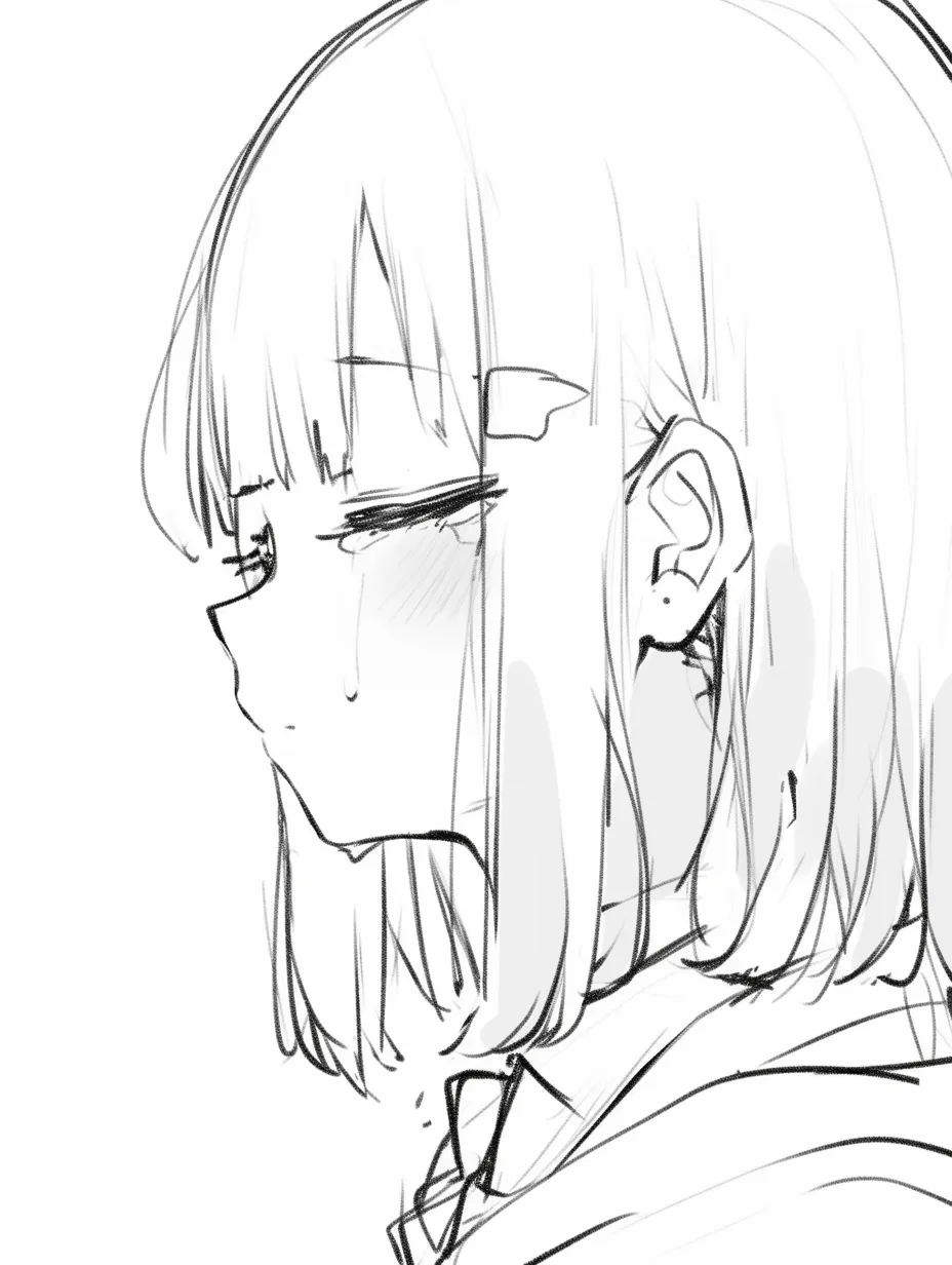 泣き顔の女の子閉じ目｜【基本構造】横向きで瞼を閉じた描き方を取り、口角を下げることで沈んだ印象を強めています。髪は直線的にまとめ、安定した輪郭を形成。<br>【演出の方向性】目を閉じることで内面の孤独感を伝え、涙の少なさが静けさを強調。余韻を残すような落ち着いた悲しみを表現しています。<br>