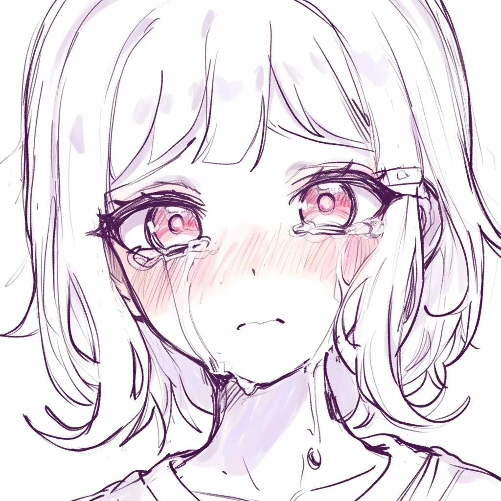 泣き顔の女の子正面｜【基本構造】正面からの描き方で大きく開いた瞳を配置し、涙で潤んだ虹彩を強調。口元はかすかに結ばれ、頬は強い赤みを帯びています。<br>【演出の方向性】視線を真正面に据えることで観る者との感情的な距離を縮め、頬の赤みと涙の対比が切実な想いを生々しく浮き彫りにしています。<br>