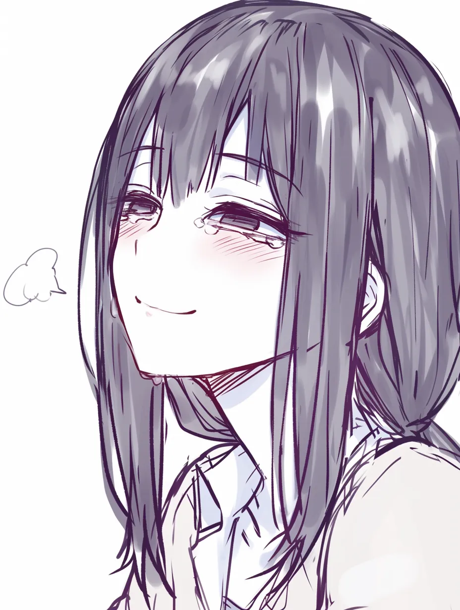 泣き笑いの女の子横顔｜【基本構造】横顔で口元をわずかに持ち上げる描き方を使い、視線は遠くを見据えています。首筋のラインを丁寧に描き、穏やかな輪郭に。<br>【演出の方向性】吐息と共に涙が残る表現が安堵感と脆さを併せ持ち、笑みの裏に秘めた心情をやわらかく伝えています。<br>