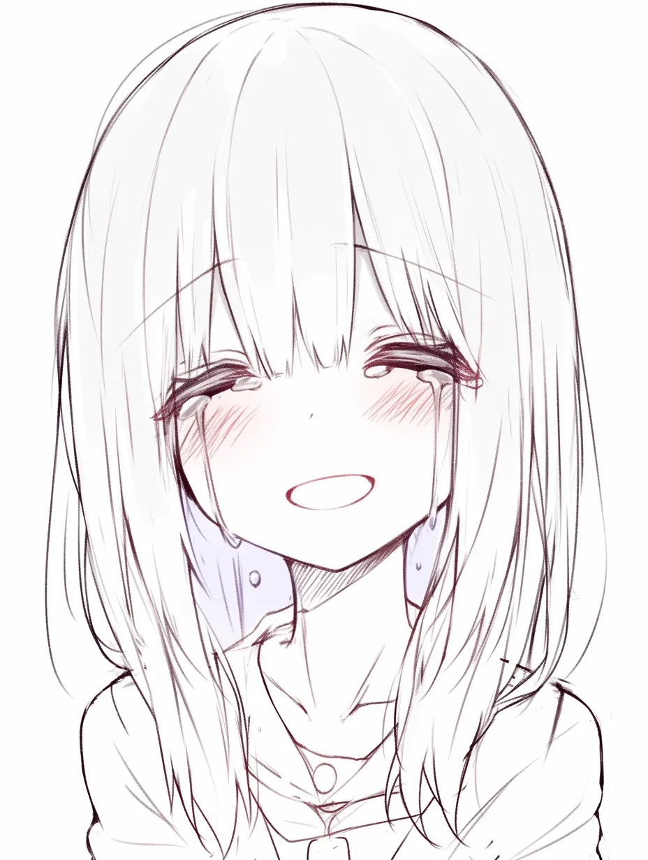 泣き笑いの女の子微笑｜【基本構造】正面で目を細めた描き方を取り、口元は素直な笑みに。涙は頬を伝い、髪は落ち着いた線で縁取り。<br>【演出の方向性】泣きながらも自然な笑顔を浮かべることで、達観や感謝の気持ちを感じさせ、温かさをにじませる効果を持たせています。<br>