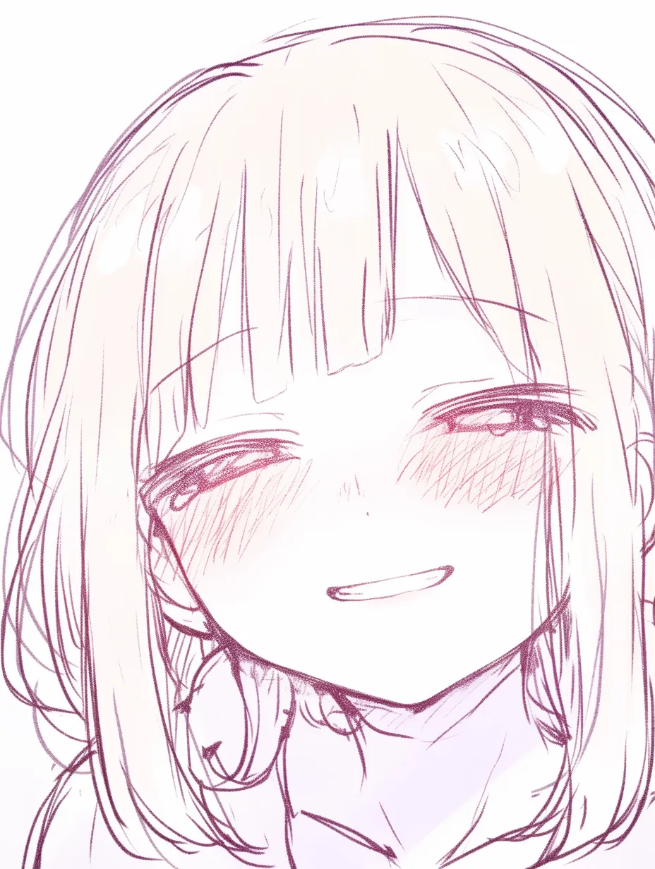 泣き笑いの女の子俯き｜【基本構造】顔をやや下げる描き方で、前髪の影が瞳を覆い、笑みを隠すように配置。頬の赤みを強調。<br>【演出の方向性】笑顔が苦しさに滲む構図により、弱さと強さのせめぎ合いを描き、観る側に余韻を残す印象を与えています。<br>