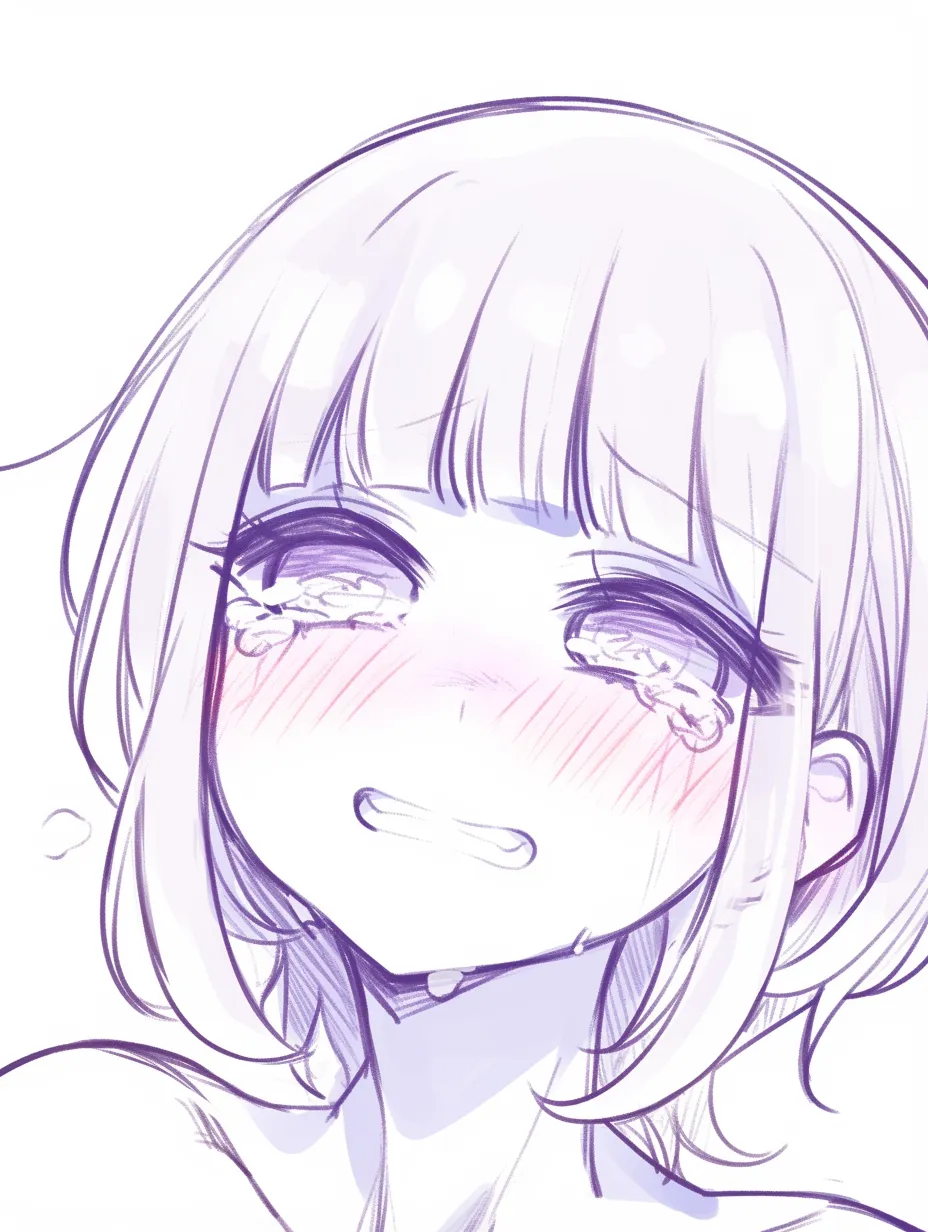 泣き笑いの女の子苦笑｜【基本構造】正面に近い角度で歯を見せる描き方をし、眉を持ち上げて緊張感を表現。涙は多めに強調されています。<br>【演出の方向性】必死に笑おうとする姿が逆に切迫感を伝え、涙との対比で胸を締め付けるような感情の複雑さを映し出しています。<br>