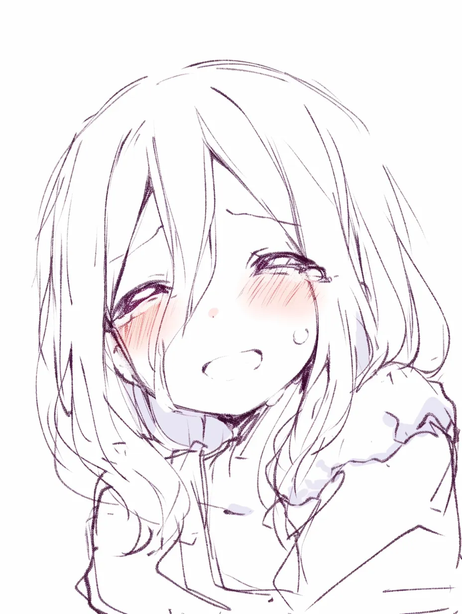 泣き笑いの女の子俯瞰｜【基本構造】少し上から見下ろすような描き方で、肩をすくめた姿勢を採用し、口元は震える笑みに。<br>【演出の方向性】視線を落とすことで弱さを際立たせ、笑顔がかえって無防備さを示す、守ってあげたい印象を与えています。<br>