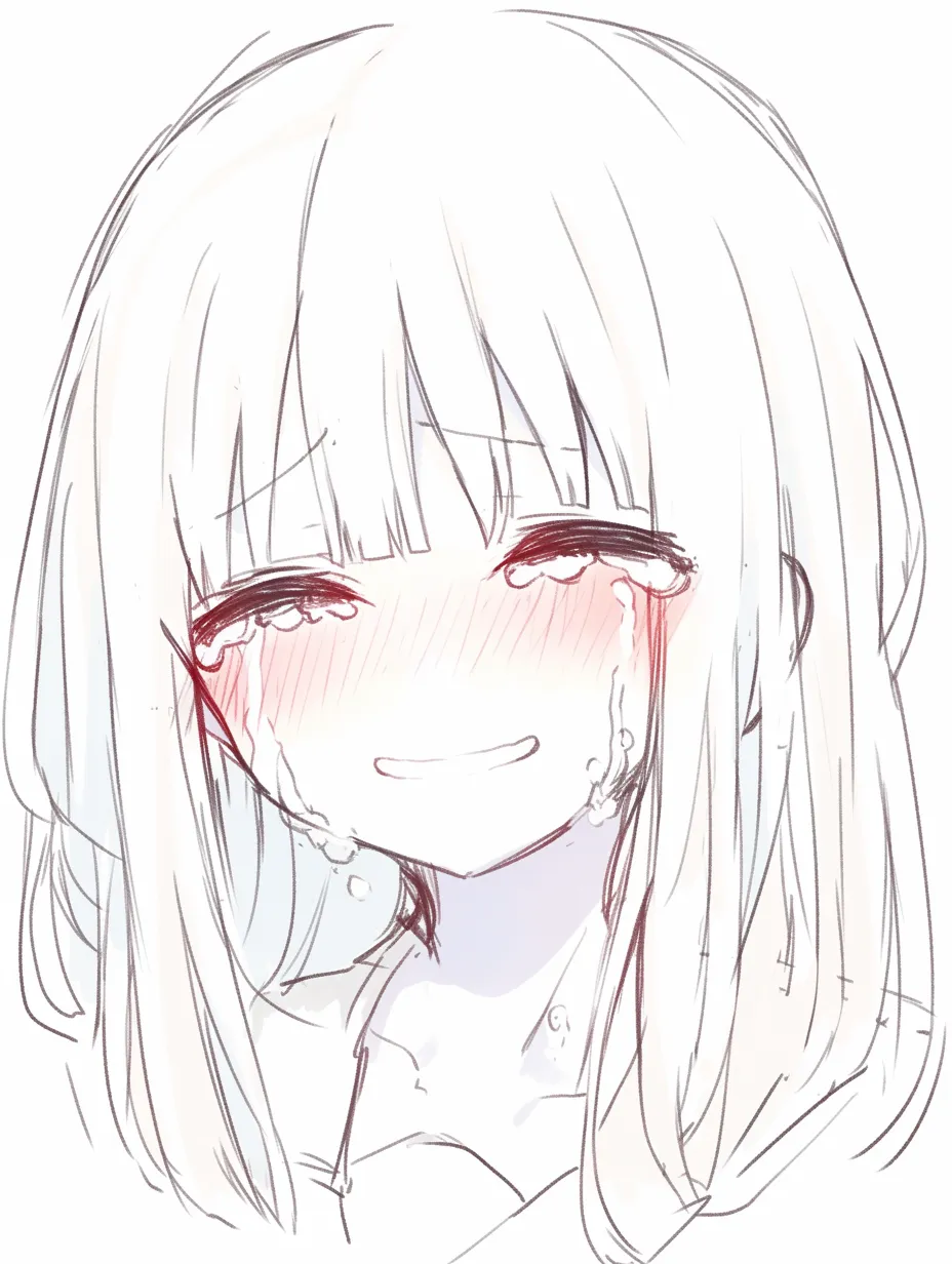 泣き笑いの女の子涙いっぱい｜【基本構造】正面の描き方で瞳を細め、口元は小さな笑みを形作っています。頬の赤みと顎に届く涙を丁寧に配置。<br>【演出の方向性】笑顔に大粒の涙を重ねることで、こみ上げる感情を鮮明に描き、幸福感と切なさが同時に伝わる印象を与えています。<br>
