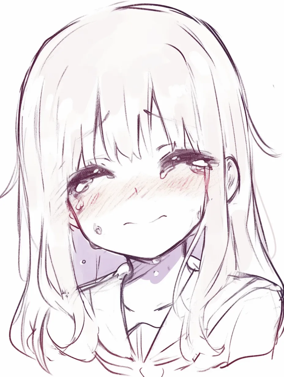 泣き笑いの女の子弱さ｜【基本構造】正面でやや眉を下げる描き方を採用し、口角は控えめに上げています。制服の襟を描き込み、輪郭を柔らかく整えています。<br>【演出の方向性】涙と汗を混ぜることで緊張感をにじませ、無理に笑う姿がかえって守りたくなるような脆さを浮き彫りにしています。<br>