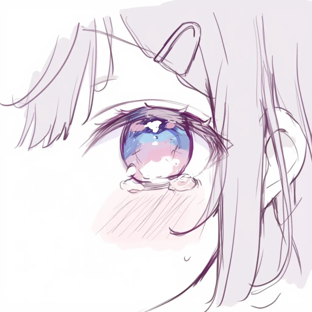 涙の女の子虹彩の輝き｜【基本構造】正面寄りに大きな瞳を描き方の中心とし、虹彩にグラデーションを施し涙を滴らせています。髪は斜めに流れる線で整理。<br>【演出の方向性】瞳の色彩が空のように広がり、涙が光を反射することで、切なさの中に希望のような余韻を表現しています。<br>