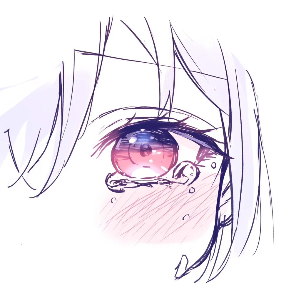 涙の女の子赤みの瞳｜【基本構造】横顔気味で瞳を大きく見せる描き方を採用し、下まぶたに溜まる涙を強調。頬は濃い赤みを帯びています。<br>【演出の方向性】鮮烈な赤と涙の対比で強い感情の高ぶりを描き、熱を帯びた悲しみや怒りを含む複雑な印象を生み出しています。<br>