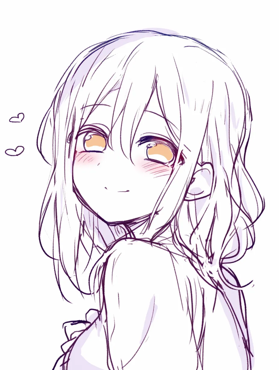かわいい顔の見返り描き方｜【基本構造】首を軽くひねって視線を横に流す描き方で、髪の毛が肩に沿って広がります。目は細く大きめに強調されています。<br>【演出の方向性】振り返りのポーズは親しみやすさや小悪魔的な可愛さを引き立てます。頬の赤みで愛嬌をさらに強調できます。<br>