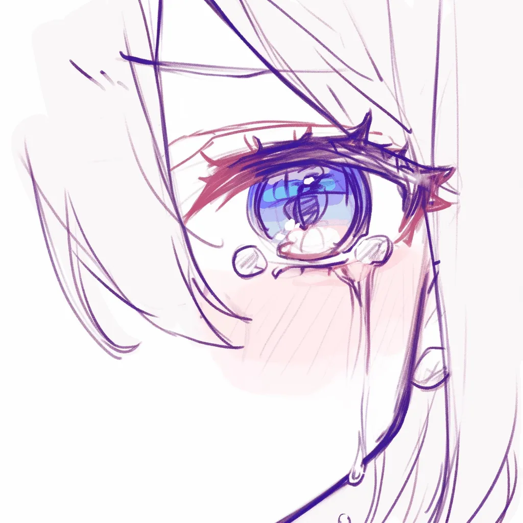 涙の女の子片目アップ｜【基本構造】片目を大きく強調する描き方で、虹彩に青のグラデーションを加え、涙を滴らせています。<br>【演出の方向性】瞳の色の鮮烈さが涙の透明感を際立たせ、繊細な感情の揺れをより劇的に伝えています。<br>