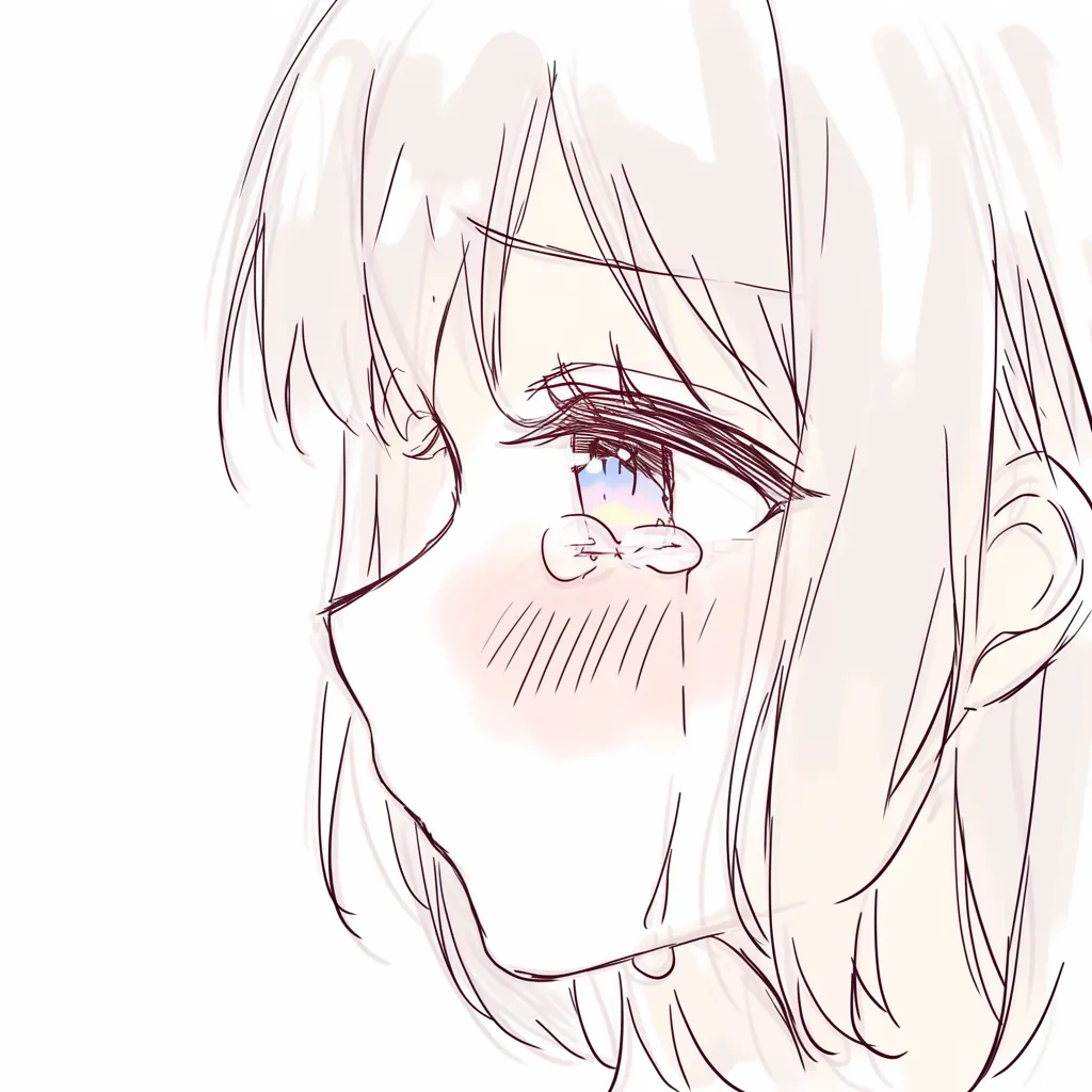 涙の女の子横視線｜【基本構造】横顔寄りで前髪を厚く描き方に組み込み、視線を横に流しています。涙は頬を伝い顎に至る描写。<br>【演出の方向性】横に逸らした目線と涙筋が内面の迷いや無力感を映し、沈黙の中の感情を印象的にしています。<br>