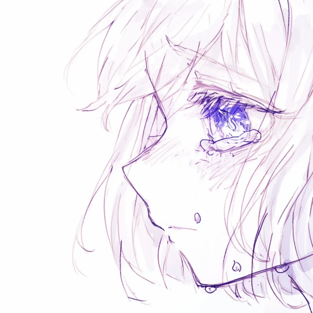 涙の女の子横顔｜【基本構造】横顔を中心にした描き方で、瞳に細かな光を入れ、頬に沿って涙を滑らせています。髪は揺れを残す線で柔らかく構成。<br>【演出の方向性】視線の遠さと涙の軌跡を強調し、心が離れていくような孤独感を漂わせています。<br>