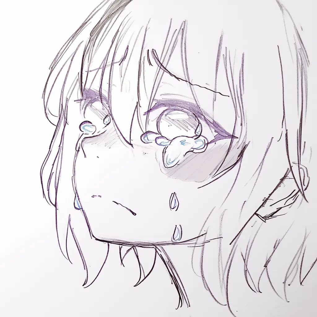 涙の女の子俯き｜【基本構造】斜め下を向く描き方で、瞳の白目部分を広めにとり、涙を点描的に散らしています。<br>【演出の方向性】無防備な表情が強調され、涙が感情の奔流をそのまま形にしたように見せています。<br>
