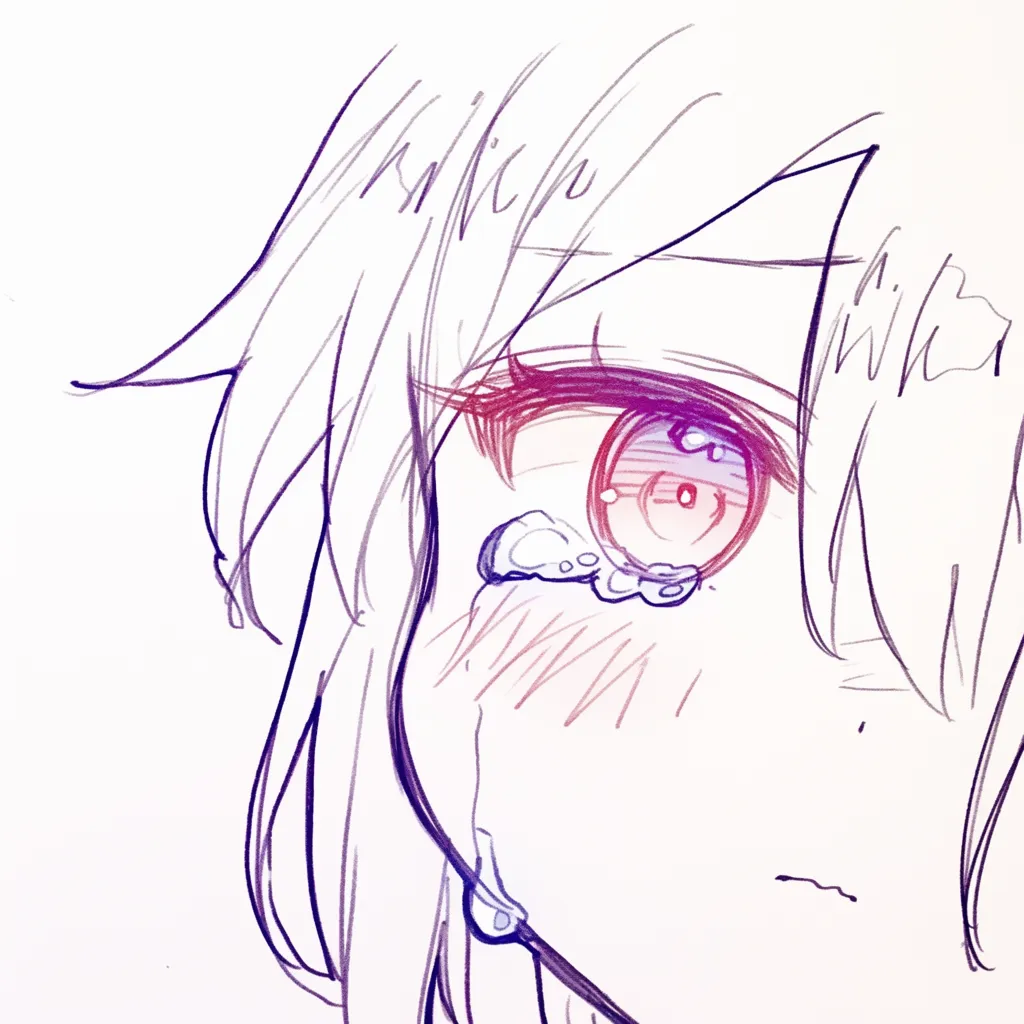 涙の女の子片目赤｜【基本構造】片目を強調する描き方で、赤く染まった虹彩に涙を溜めています。髪は大きな線で顔を覆う構図。<br>【演出の方向性】鮮烈な赤が涙の熱を強め、激情や切実さを象徴的に描き出しています。<br>